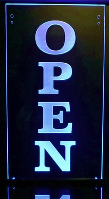 OPEN Hanging Sign Double Sided with inside black panel Acrylic Lighted Edge Lit LED Sign / Light Up Plaque Full Size Made in USA